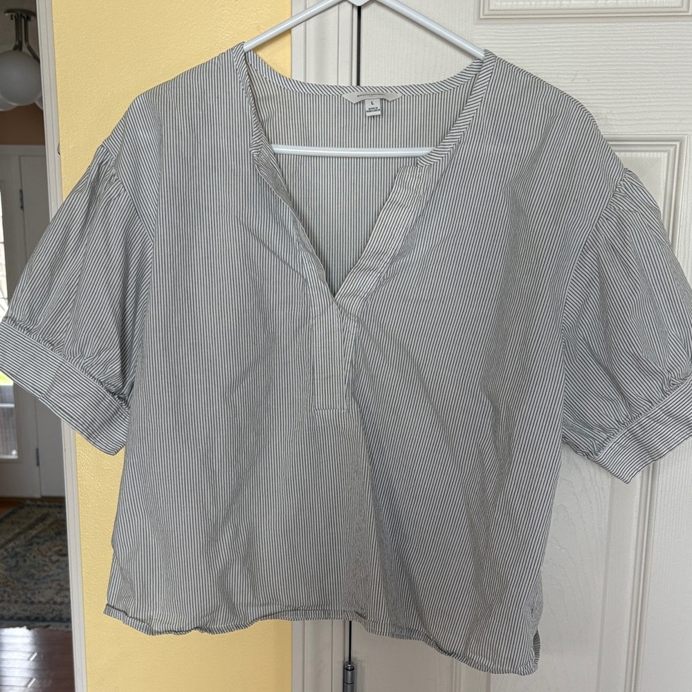 Banana Republic White and Black Pinstripe V-Neck Blouse